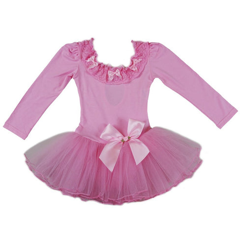 Girls Pink Lace Trim Bows Long Sleeve Ballet Dress S (9-24M)-XL (6-8) - SophiasStyle.com